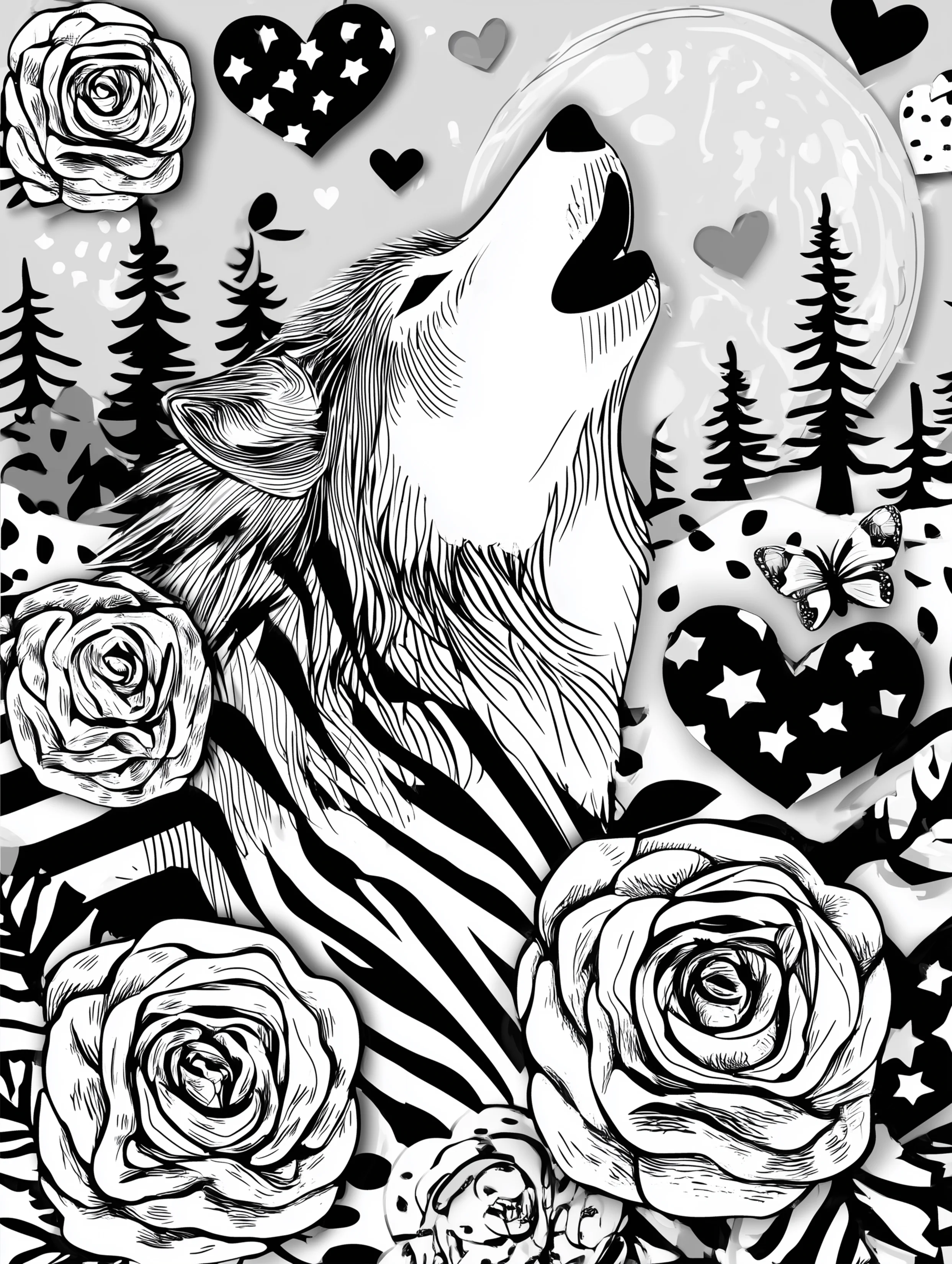 Free printable wolf coloring page for adults featuring a striped wolf howling